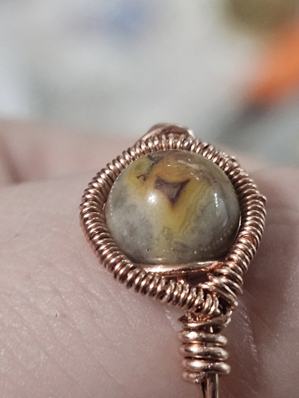 Copper Wire-Wrapped Grounding Jasper Ring - Green Jasper Center